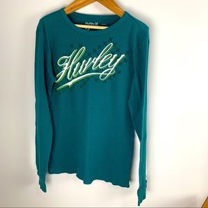 Hurley Mens Waffle Knit Long Sleeve Thermal Green Teal Shirt 100% Cotton Large